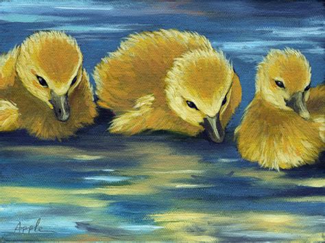 Three Little Ducklings Farm Pond Original Animal Oil Painting By Linda