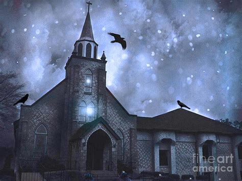 Gothic Surreal Old Church With Ravens And Stars Winter Night