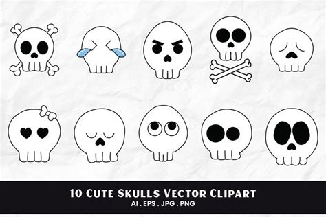 Cute Skulls Vector Clipart 10 Variations