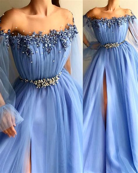 Cute Prom Dress Elegant Blue Long Sleeves Off The