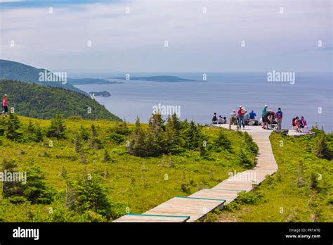 Cape Breton Nova Scotia Canada Hikers On Boardwalk On Skyline Trail In Cape Breton Highlands