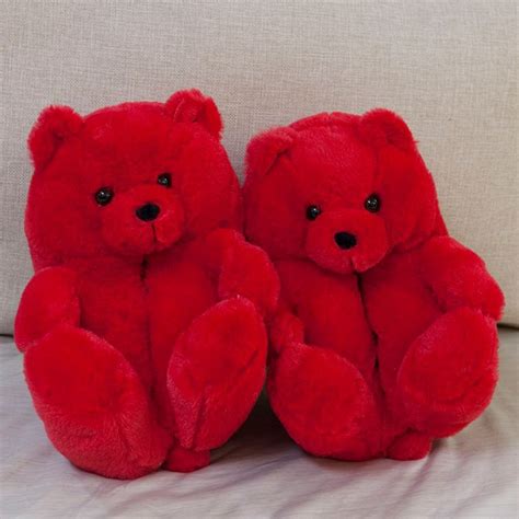 Red Teddy Bear Slippers Adults Warm Plush House Shoes