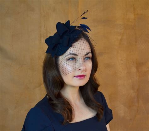 Navy Felt Fascinator With Bows And Birdcage Veil Navy Blue Etsy