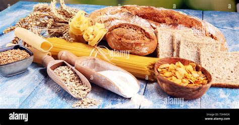 Whole Grain Products With Complex Carbohydrates On Rustic Table Stock