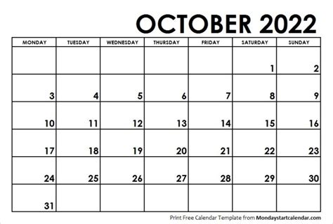 Blank 2022 October Calendar October Month Template