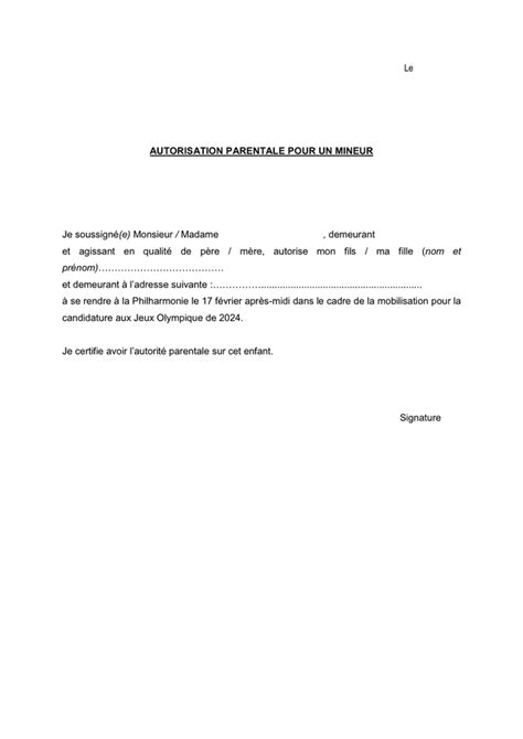 Exemple D Autorisation Parentale Pour Un Mineur DOC PDF Page 1 Sur 1