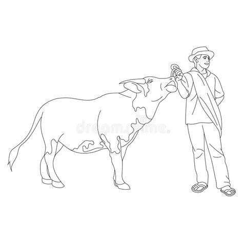 The Carabao Shepherd Line Art Illustration Stock Illustration