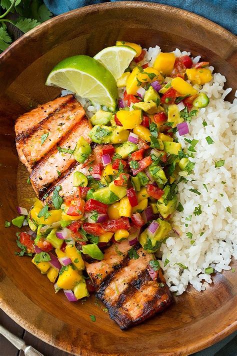 Grilled Salmon With Mango Salsa And Coconut Rice Cooking