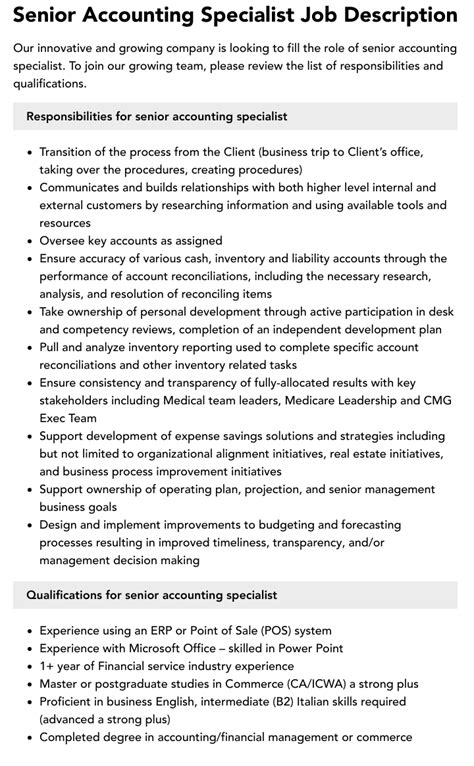 Senior Accounting Specialist Job Description Velvet Jobs