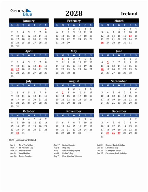 2028 Ireland Calendar With Holidays