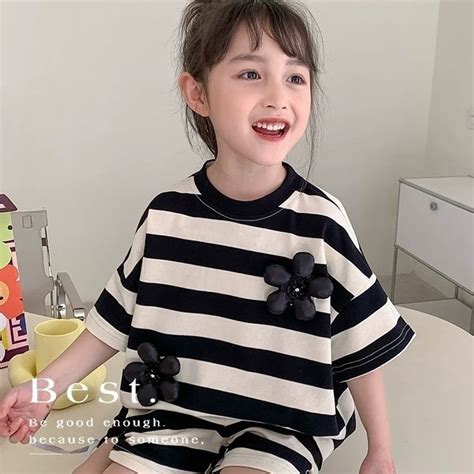 2023 Casual Girls Clothing Sets Summer Striped T Shirt Shorts Suit 2pcs