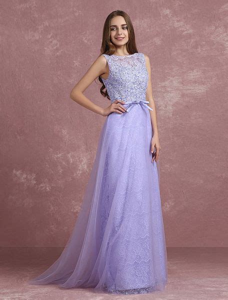 Lilac Prom Dress Tulle A Line Evening Dress Round Neck Sleeveless Bow