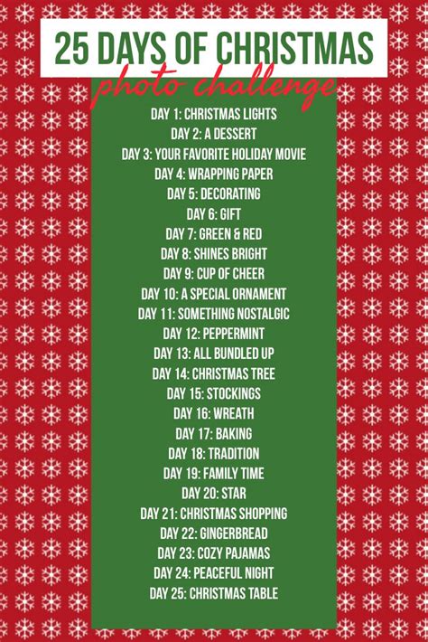 The 25 Days Of Christmas Photo Challenge Is Shown In Red And Green With