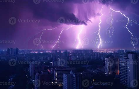 Lightning Storm Over City In Blue Light Created With Generative Ai