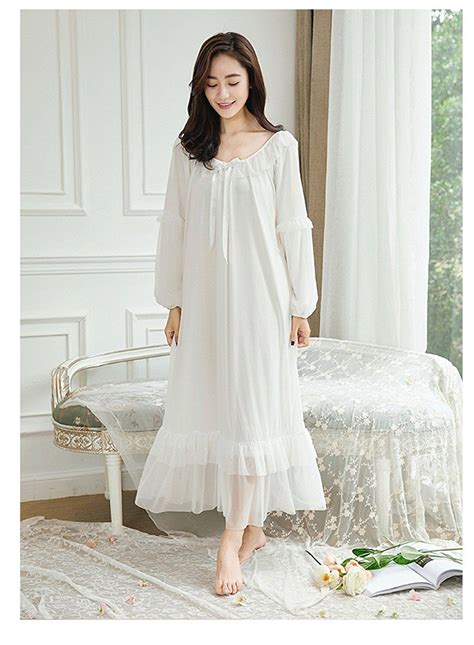 Womens Vintage Long Sleeve White Sleepwear Retro Dress Nightgown Cotton