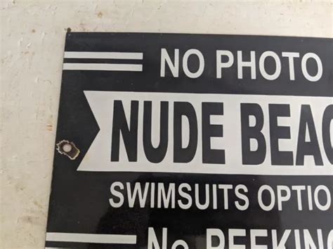 S Vintage Nude Beach Swimsuits Optional No Peeking Porcelain Island Sign Picclick