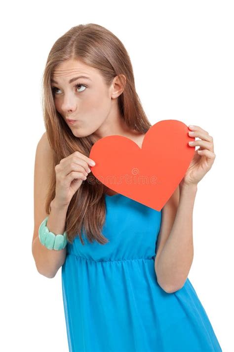 Smiling Young Woman And Red Heart Love Valentines Day Stock Image
