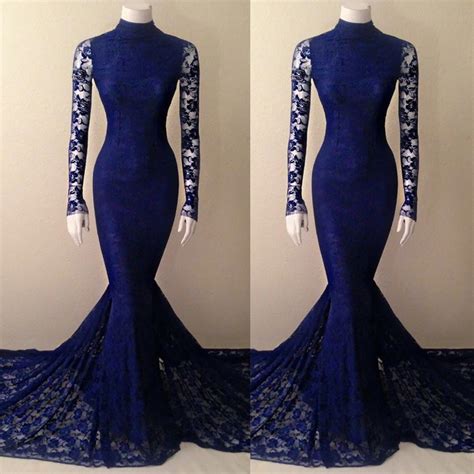 Royal Blue High Neck Long Sleeves Prom Dress Lace Mermaid Prom Dresses