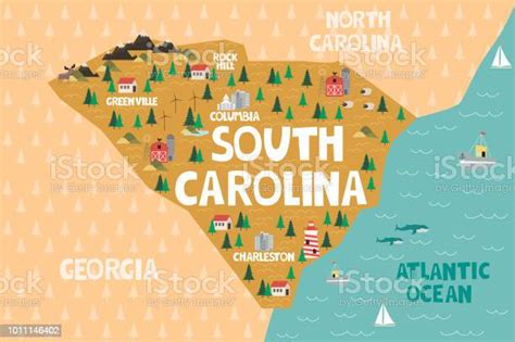 Illustrated Map Of The State Of South Carolina In United States Stock