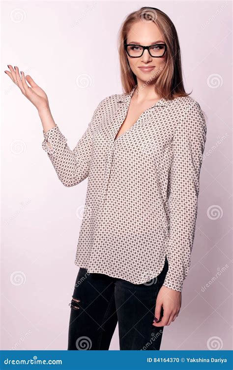 Businesslike Woman With Blond Straight Hair In Elegant Office Outfit