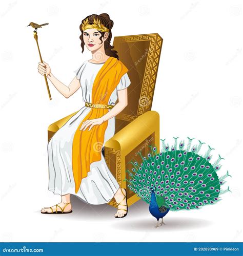 Goddess Hera On A Throne With A Staff And A Peacock Stock Illustration