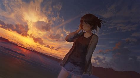 980490 Sunset Anime Girls Sunlight Anime Outdoors Sky Beach