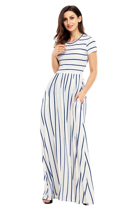 Hot Sale Blue Striped White Short Sleeve Maxi Dress