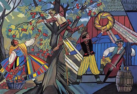 Oryginalna, przedwojenna barwna litografia, sygnowana na matrycy: Zofia Stryjeńska. Zbieranie jabłek. Dożynki | Epicurean | Pinterest