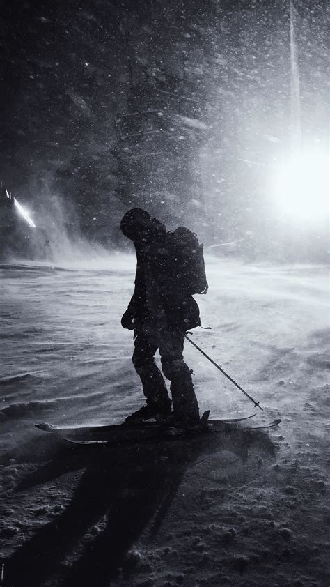 Download Wallpaper 1350x2400 Silhouette Skier Skiing Snow Night