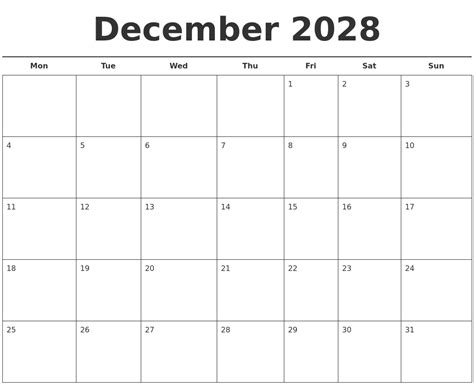 December 2028 Free Calendar Template