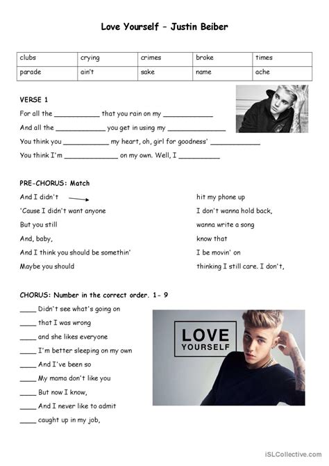 Love Yourself Justin Beiber Warmer English Esl Worksheets Pdf And Doc