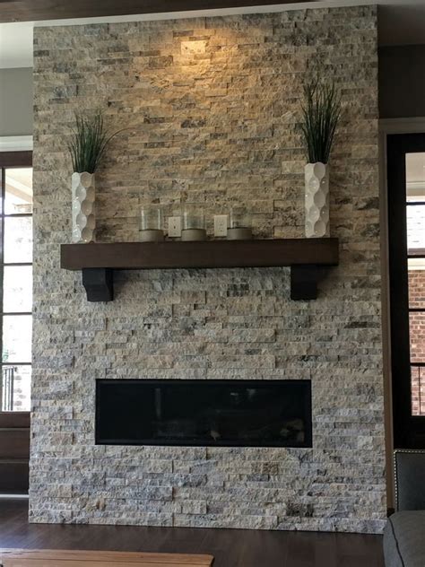 Silver Travertine Stacked Stone Fireplace Remodel Stacked Stone