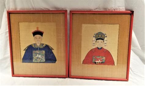 Lot 33 Fantastic Pair Of Antique Chinese Ancestor Portraits Painted On