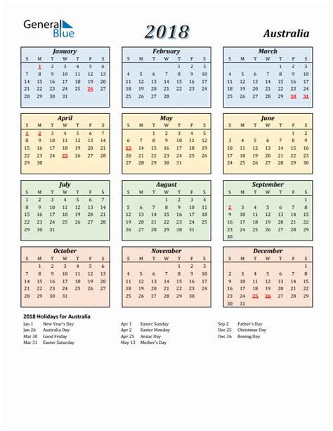 2018 Australia Calendar With Holidays