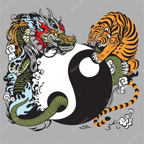 Yin Yang Símbolo Com Dragão E Tigre Lutando Ilustração De Stock Por