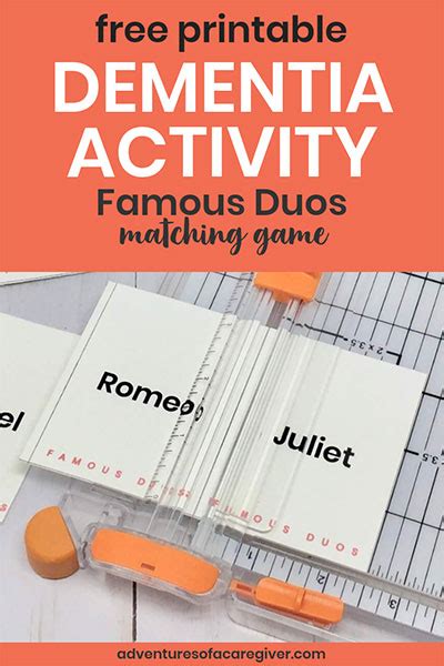 Doing activities that require relaxation when doing it, is a good type of activity for dementia. Alzheimer's Activity - Famous Duos Game Free Printable