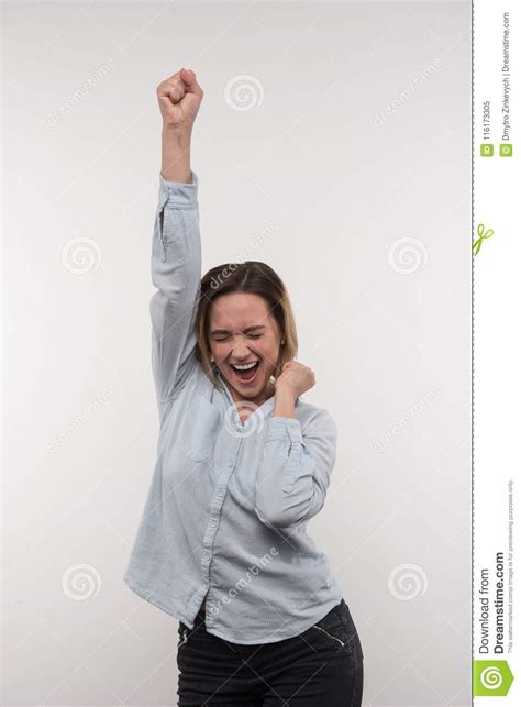 Delighted Happy Woman Holding Her Arm Up Stock Image Image Of Hobby