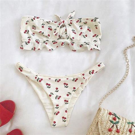 Cute Cherry Print Ruffle Hem Bandeaux Bikini Set Bikinis Vintage