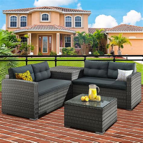 Enyopro Patio Rattan Sectional Couch Set 4 Piece Outdoor Wicker