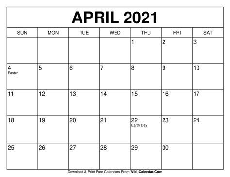 April 2021 Calendar Calendar 2021