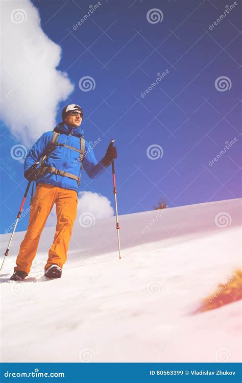 Mountain Climber Walks On A Snowy Slope Stock Image Image Of Peak