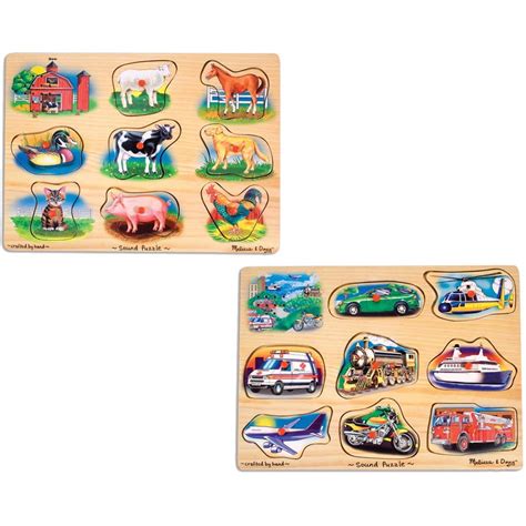 Melissa And Doug Sound Puzzles Set Farm And Vehicles Wooden Peg Puzzles