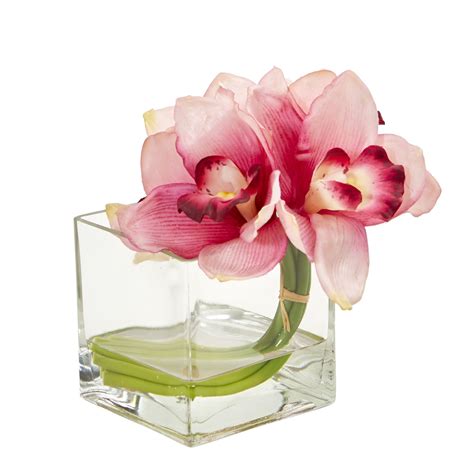 Cymbidium Orchid Artificial Arrangement In Glass Vase Set Of 2 Pink Vase Set Glass Vase