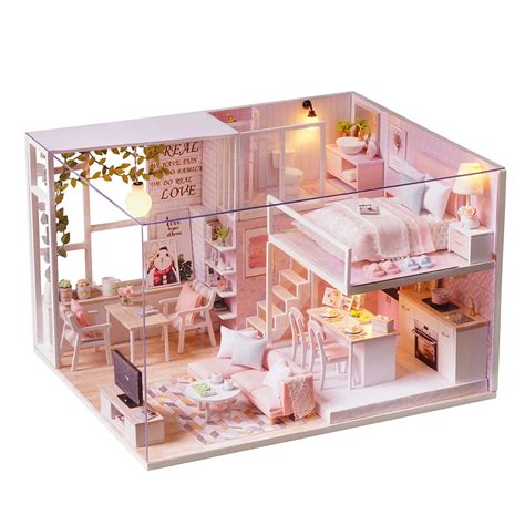 Diy Miniature Loft Dollhouse Kit Realistic Mini 3d Pink Wooden House
