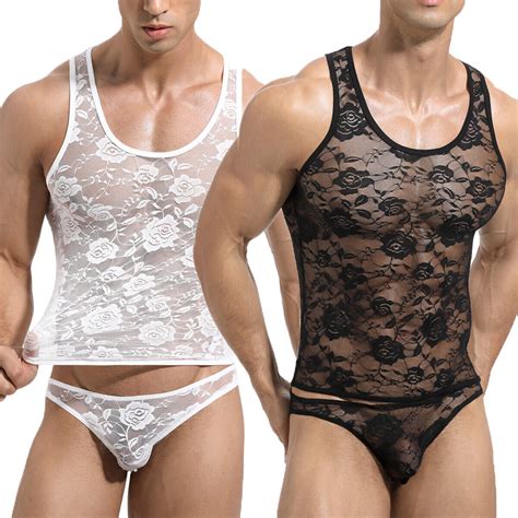 Men Sexy Lingerie Lace Sheer Tank Tops Vests Male Gay Boxer Briefs