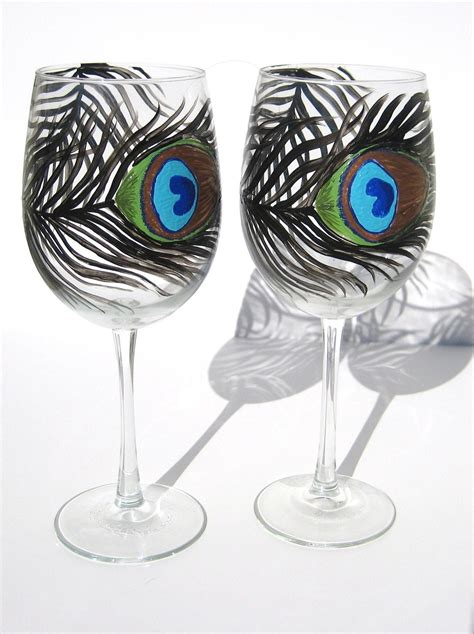 Peacock Feather Hand Painted Wine Glasses By Withthisdish On Etsy