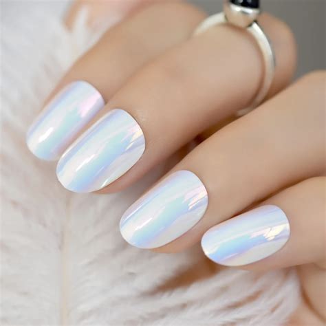 Iridescent White Instant Nails Holographic Mirror False Nails Diy Oval