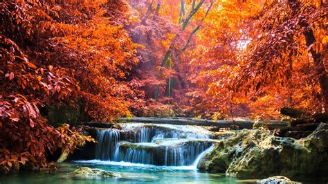 Landscape View Of Colorful Autumn Leafed Trees And Waterfall Between Rocks Pouring On River With