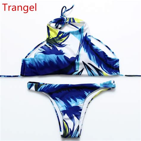 Trangel 2017 Sexy Low Waist Swimwear Summer Feather Print Crop Top