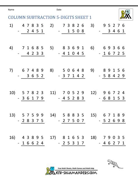 Subtraction Of Whole Numbers Worksheets For Grade 4